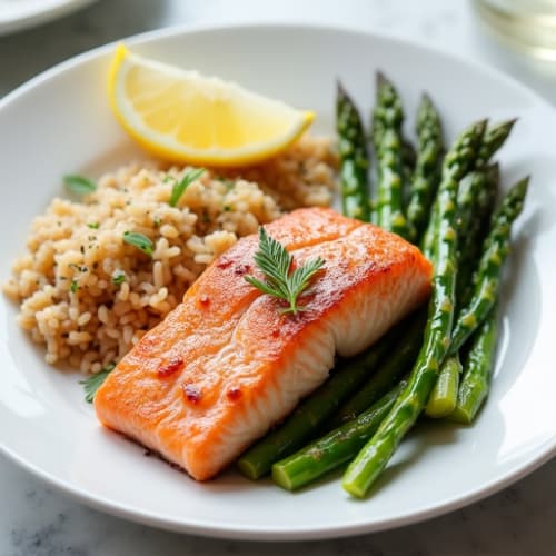 Seared Salmon with Steamed Asparagus and Brown Rice