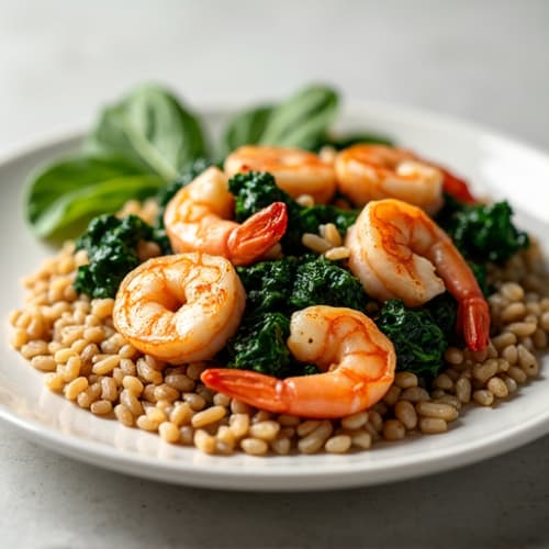 Seared Shrimp with Garlic Spinach and Brown Rice