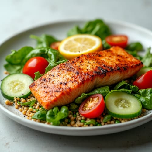 Grilled Salmon Salad with Mixed Greens and Quinoa