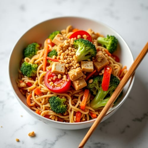 Spicy Ginger-Peanut Noodles with Crispy Vegetables