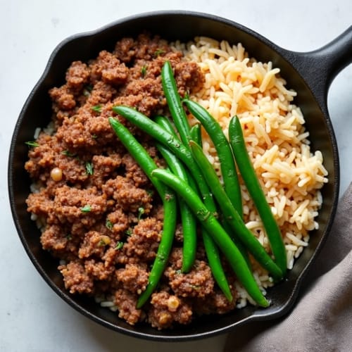 Lean Ground Beef and Brown Rice Skillet with Crispy Green Beans