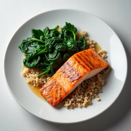Seared Salmon with Sautéed Spinach and Brown Rice