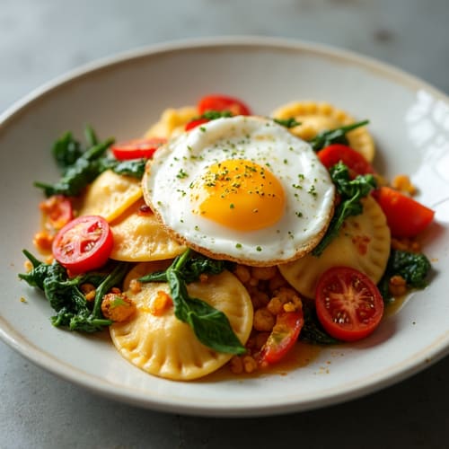 Skillet Veggie-Loaded Ravioli with Poached Eggs