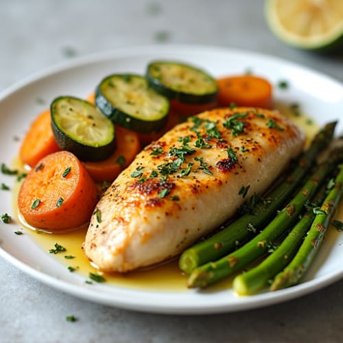 Sheet Pan Roasted Chicken Breast with Sweet Potato, Zucchini, and Asparagus