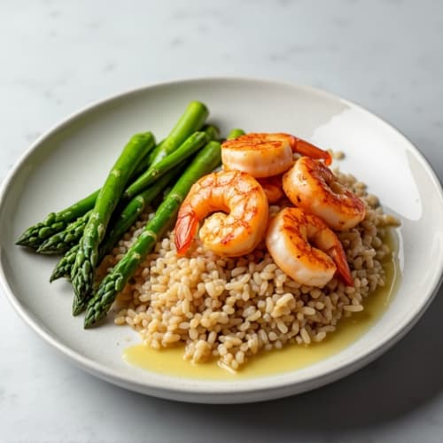 Seared Shrimp with Steamed Asparagus and Brown Rice