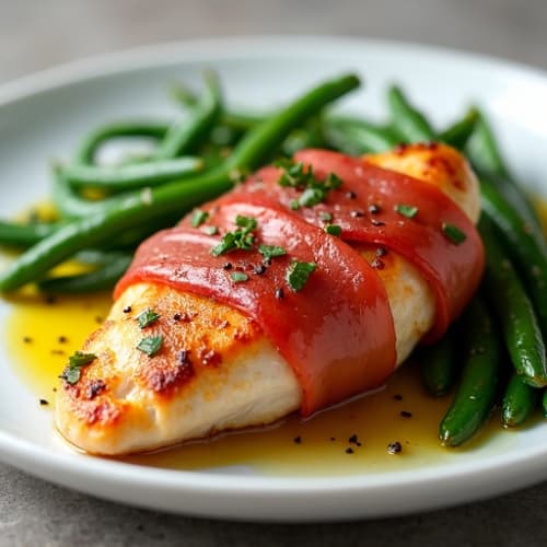 Crispy Prosciutto-Wrapped Chicken Breast with Roasted Green Beans