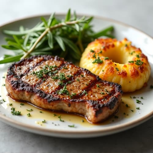 Herb-Crusted Pan Seared Steak with Roasted Garlic Smashed Potatoes