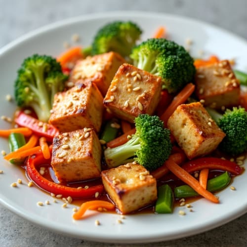 Crispy Sesame-Glazed Tofu with Ginger Stir-Fried Vegetables