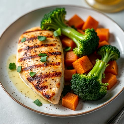 Grilled Chicken Breast with Roasted Broccoli and Sweet Potatoes