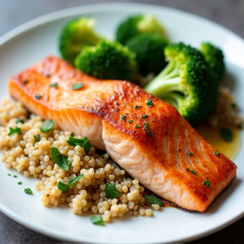 Seared Salmon Fillet with Steamed Broccoli and Quinoa