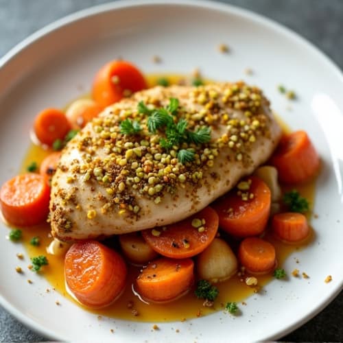 Crispy Pistachio Chicken with Honey-Kissed Roasted Root Vegetables