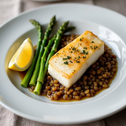 Pan Seared Cod with Steamed Asparagus and Lentil Mash