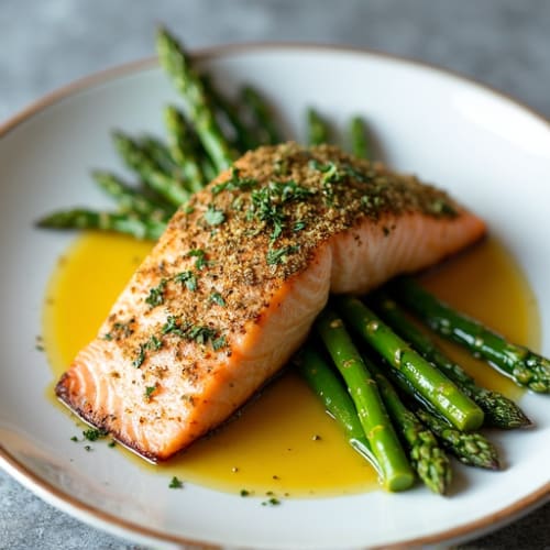 Herb-Crusted Pan Seared Salmon with Garlic Butter Asparagus
