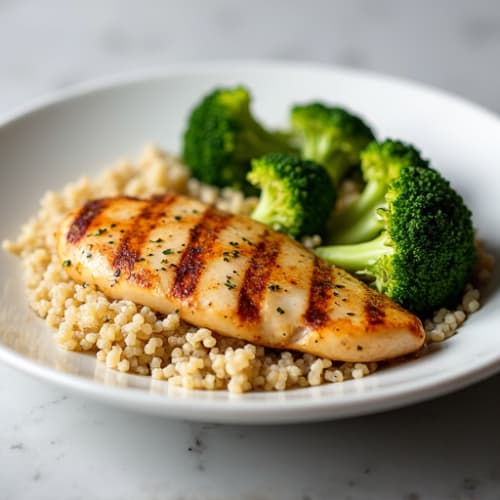 Grilled Lemon Garlic Chicken Breast with Quinoa and Steamed Broccoli