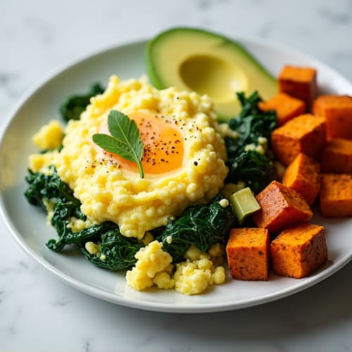 Creamy Scrambled Eggs with Sautéed Spinach and Roasted Sweet Potatoes