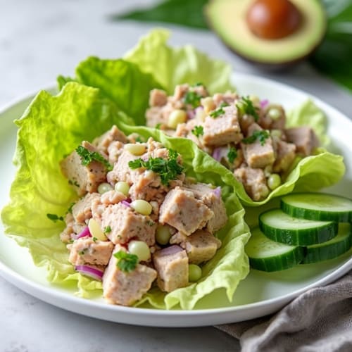 Tuna Salad Lettuce Wraps with Sliced Cucumbers