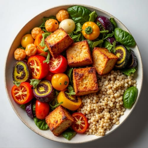 Crispy Baked Tofu with Roasted Vegetable Buddha Bowl