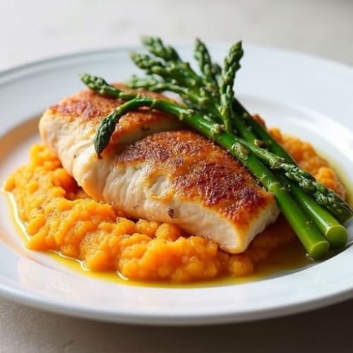 Seared Chicken Breast with Roasted Asparagus and Sweet Potato Mash