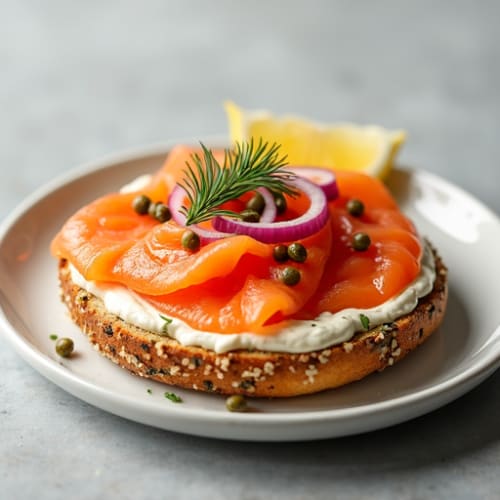 Open-Face Smoked Salmon with Herbed Cream Cheese on Toasted Everything Bagel