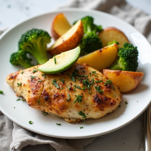 Herb-Roasted Chicken with Crispy Potato Wedges and Steamed Vegetables