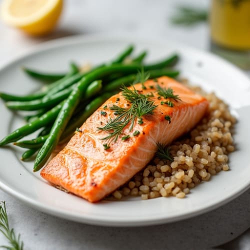 Baked Salmon with Herb Brown Rice and Steamed Green Beans