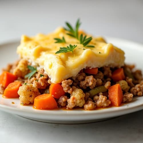 Lean Turkey Shepherd's Pie with Creamy Sweet Potato and Cauliflower Topping