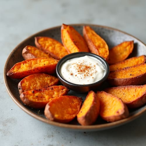 Crispy Air Fryer Sweet Potato Wedges with Protein Dip