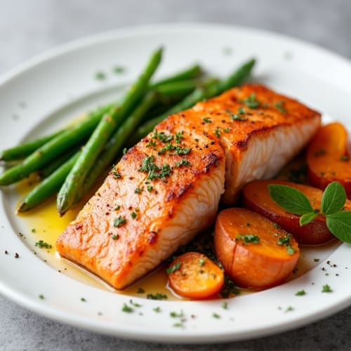 Seared Salmon with Roasted Sweet Potato and Green Beans