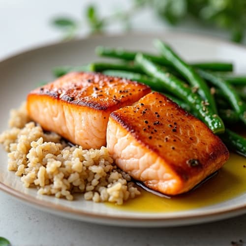 Seared Salmon with Steamed Green Beans and Brown Rice