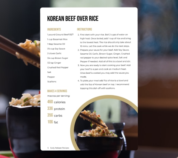 program transformation testimonial image from Korean Beef Over Rice (with Example Recipe Page)