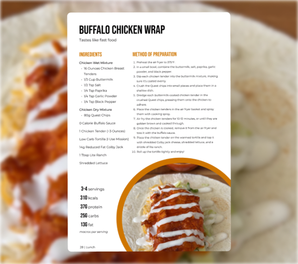 program transformation testimonial image from Buffalo Chicken Wrap (With Example Recipe Page)