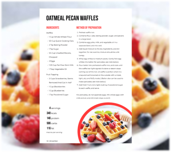 program transformation testimonial image from Oatmeal Pecan Waffles (w/Example Recipe Page)