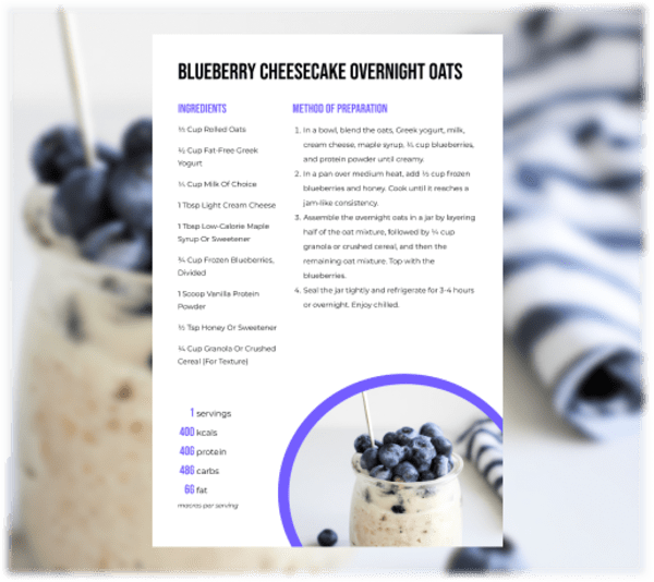 program transformation testimonial image from Blueberry Cheesecake Overnight Oats (w/ Sample Recipe Page)