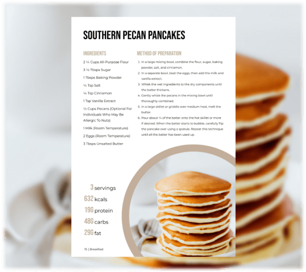 program transformation testimonial image from Southern Pecan Pancakes (w/ Sample Recipe Page)