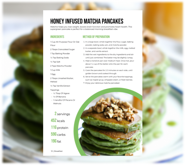 program transformation testimonial image from Honey Infused Matcha Pancakes