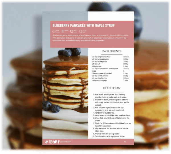 program transformation testimonial image from Blueberry Pancakes with Maple Syrup (w/ Example Recipe Page)