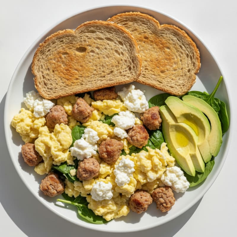 Egg White Scramble with Turkey Sausage and Cottage Cheese