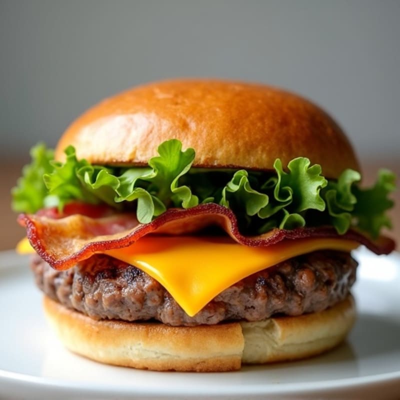Lean Ground Beef Burger with Crispy Turkey Bacon, Sharp Cheddar, and Fresh Greens