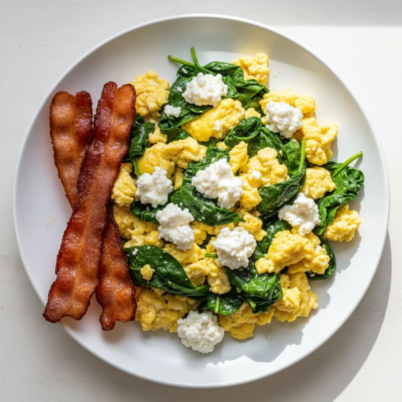 Cottage Cheese Egg Scramble with Spinach and Turkey Bacon
