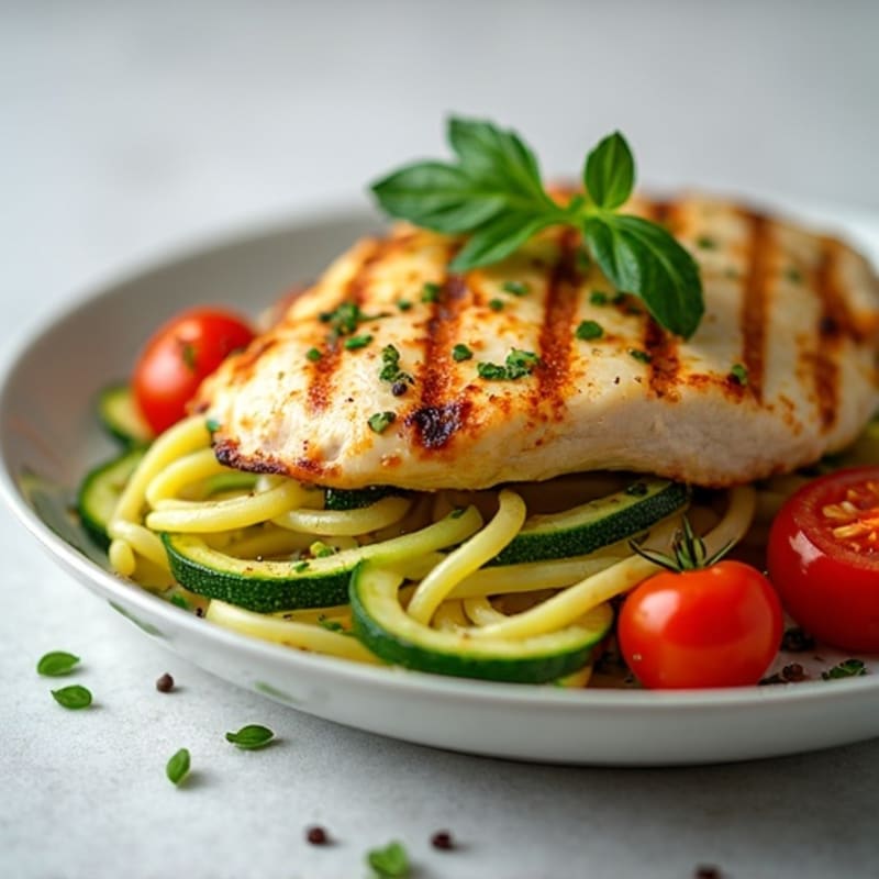 Grilled Chicken Breast with Zucchini Noodles and Cherry Tomatoes