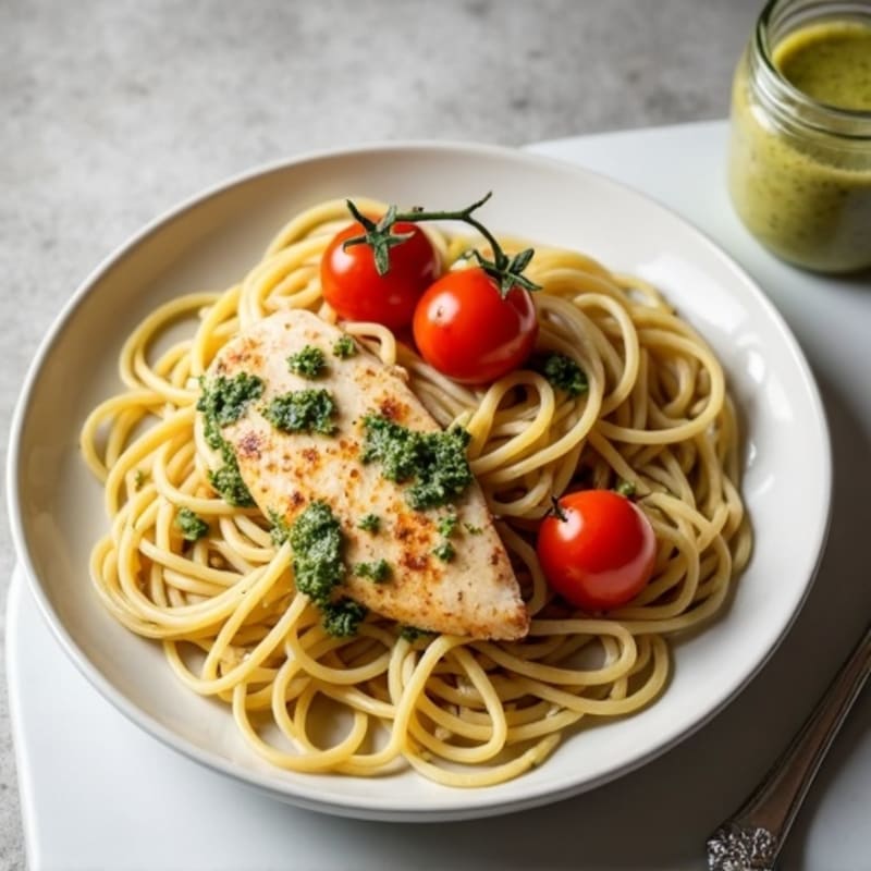 Creamy Pesto Chicken Whole Wheat Spaghetti with Roasted Cherry Tomatoes