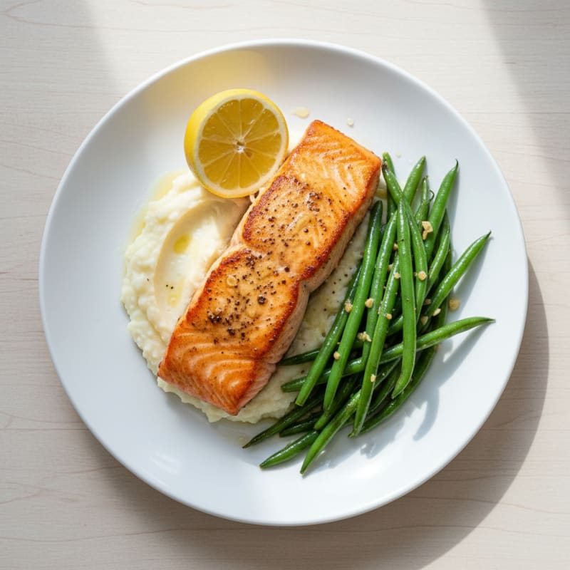 Seared Salmon with Garlic Green Beans and Cauliflower Mash
