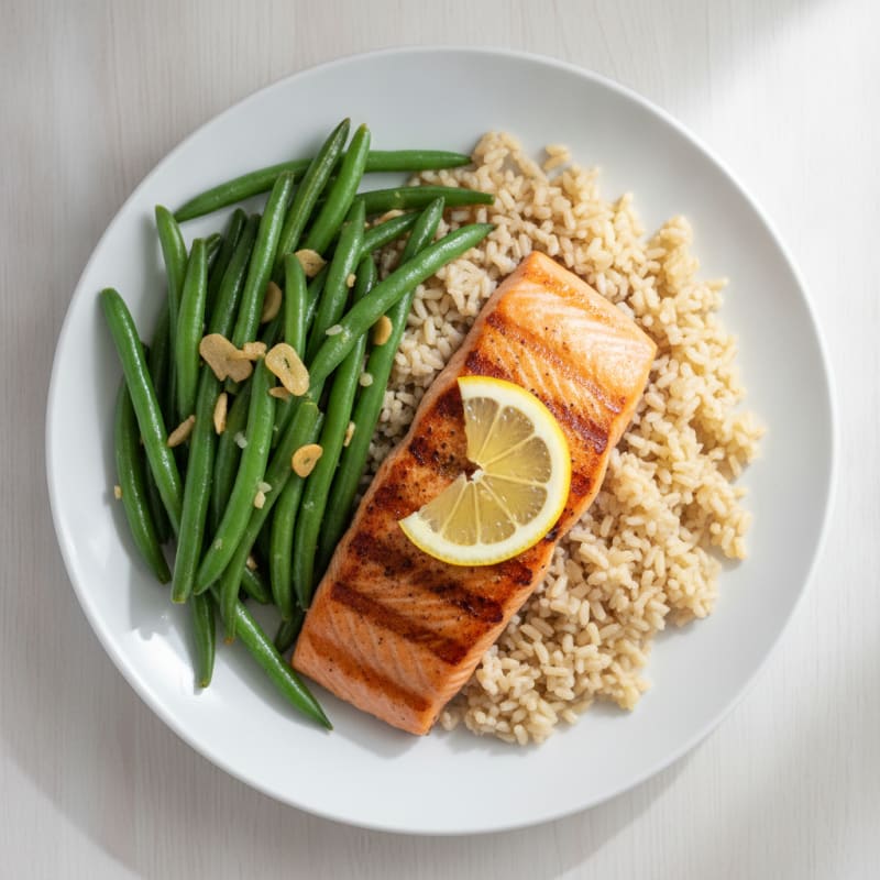 Seared Salmon with Garlic Green Beans and Brown Rice