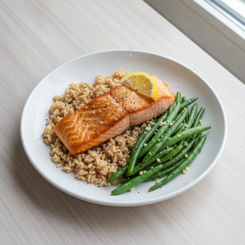 Seared Salmon Fillet with Garlic Green Beans and Brown Rice