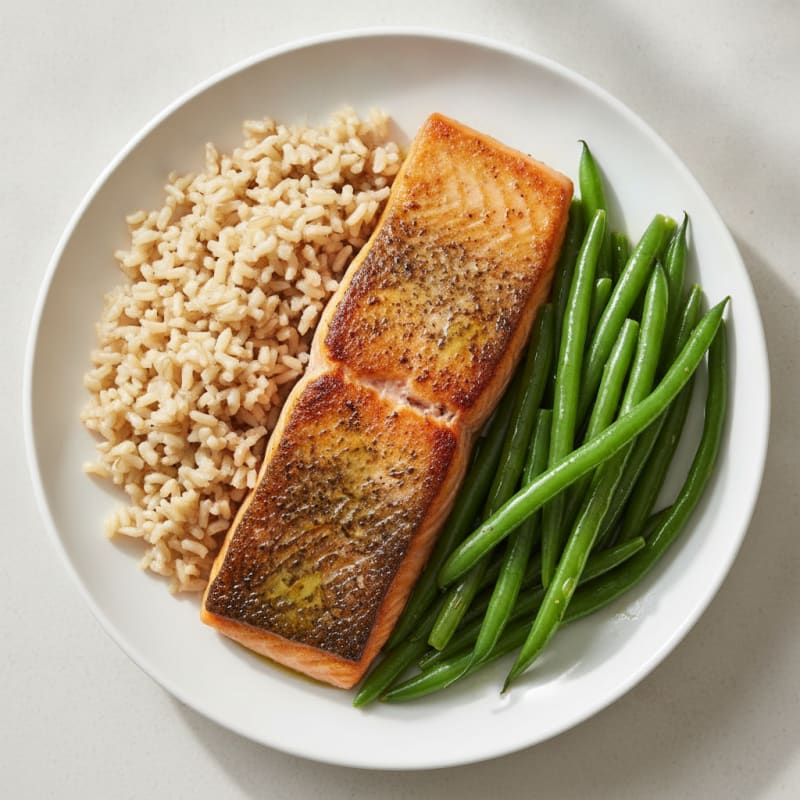 Seared Salmon with Steamed Green Beans and Brown Rice