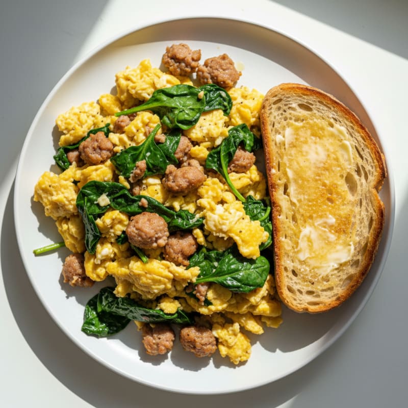 Scrambled Eggs with Turkey Sausage and Sautéed Spinach
