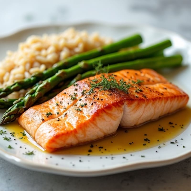 Seared Salmon with Steamed Asparagus and Brown Rice