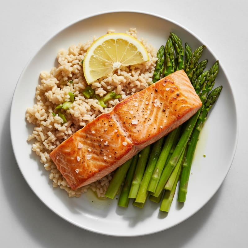 Seared Salmon with Steamed Asparagus and Brown Rice
