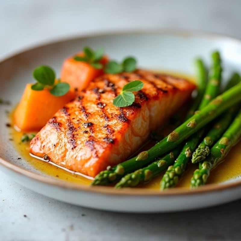 Seared Salmon with Roasted Sweet Potato and Asparagus