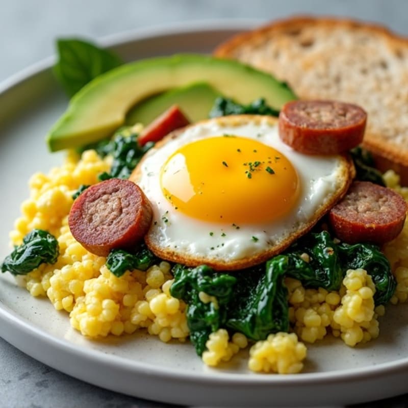 Egg White Scramble with Turkey Sausage and Sautéed Spinach